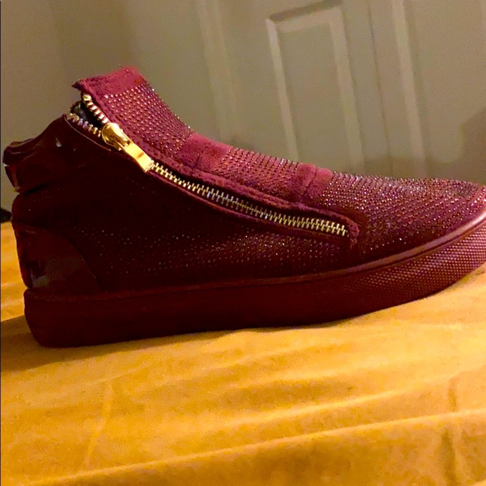 Burgundy Studded Gold Zip Up Shoes